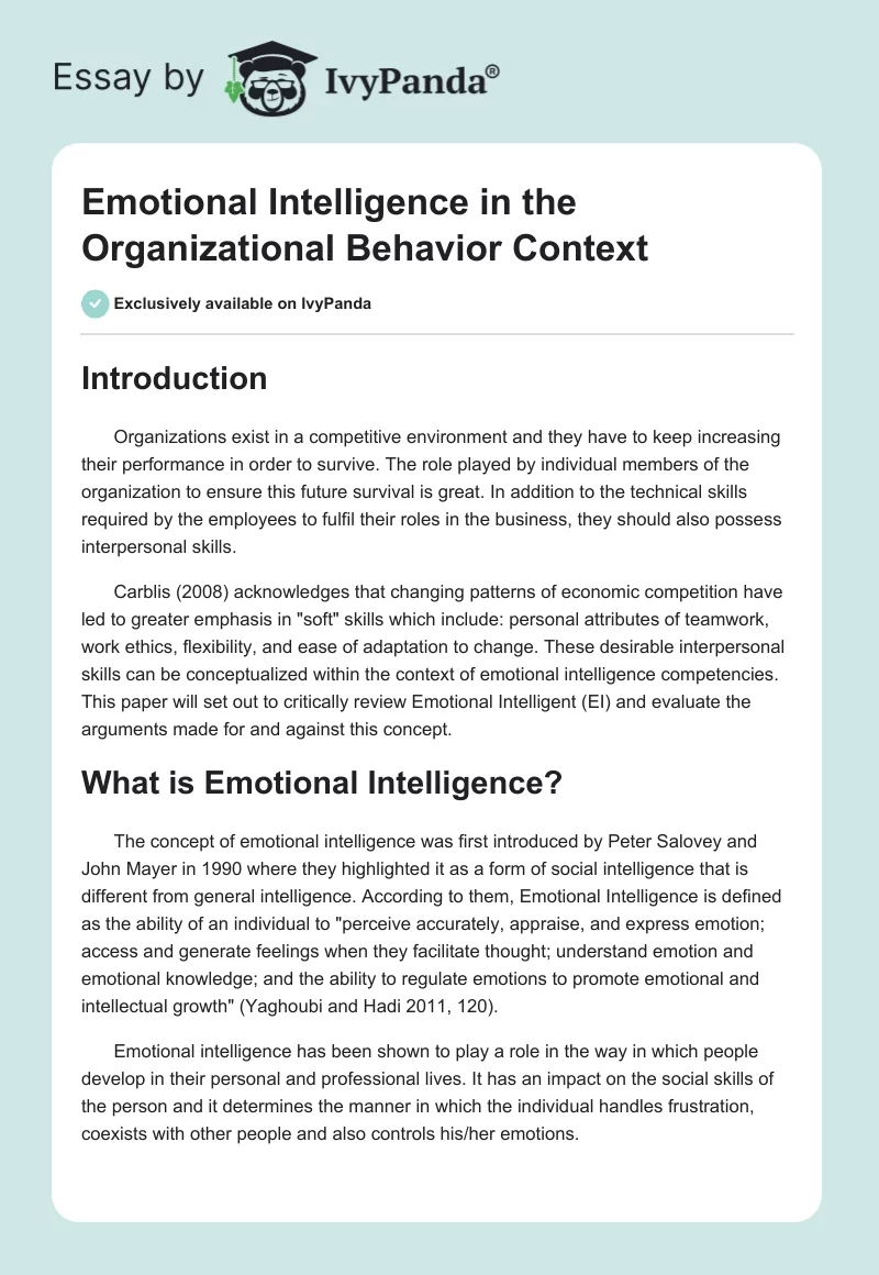 Emotional Intelligence in the Organizational Behavior Context. Page 1