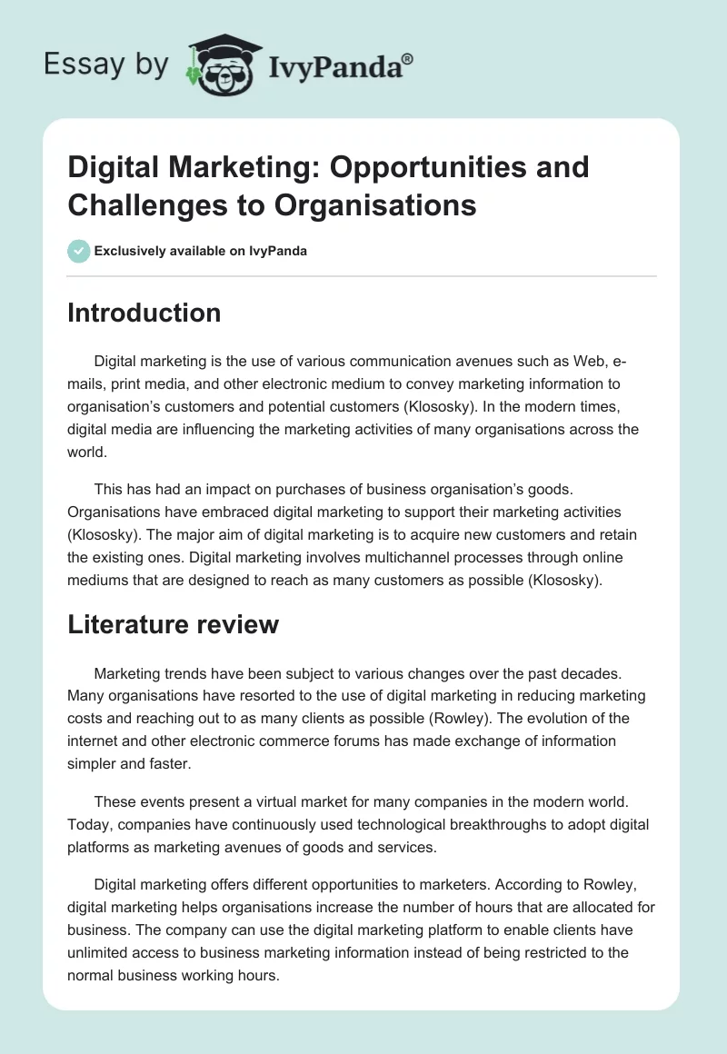 Digital Marketing: Opportunities and Challenges to Organisations. Page 1