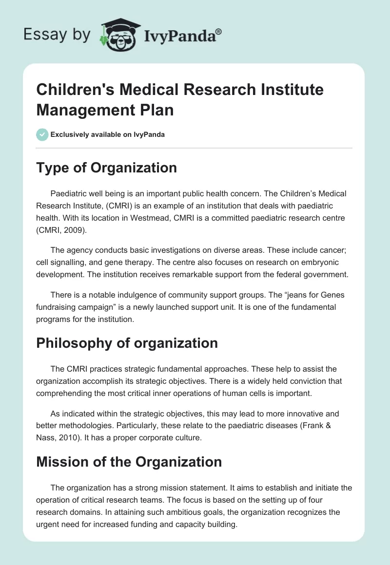 Children's Medical Research Institute Management Plan. Page 1