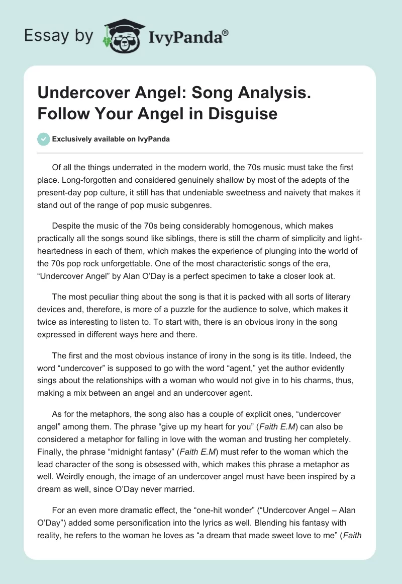 Undercover Angel: Song Analysis. Follow Your Angel in Disguise. Page 1