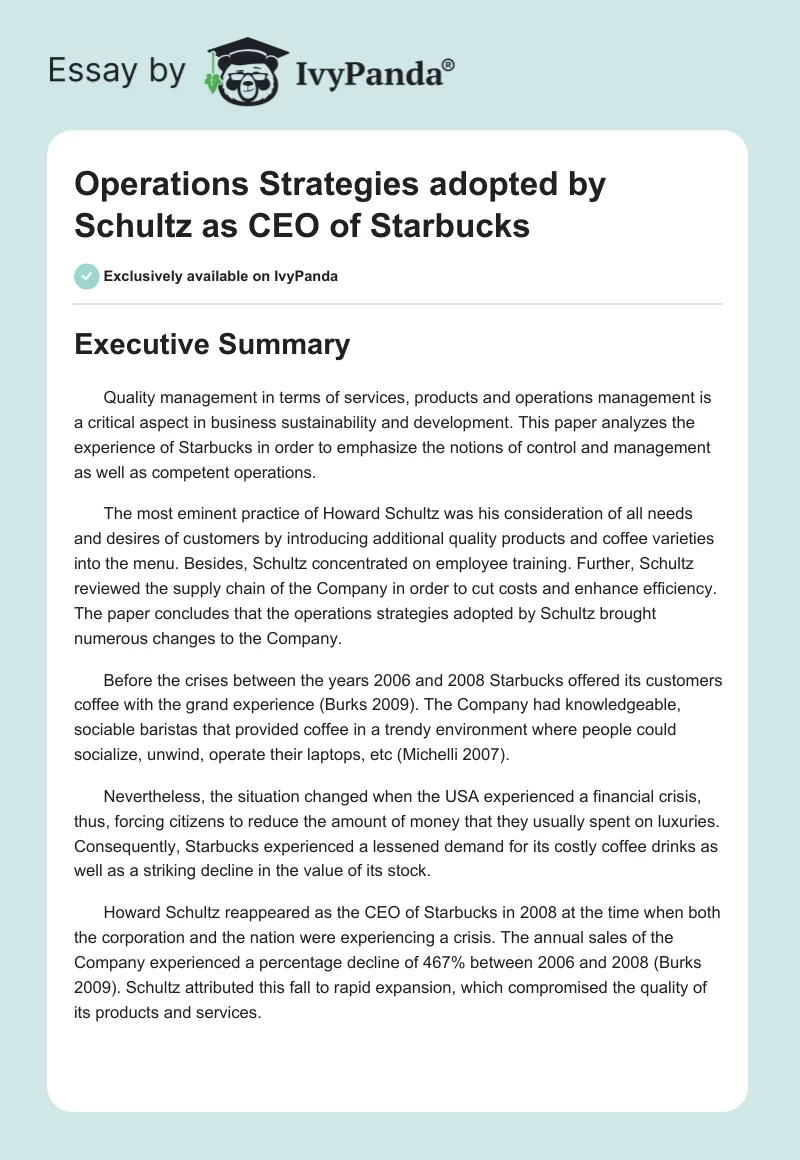 Operations Strategies adopted by Schultz as CEO of Starbucks. Page 1