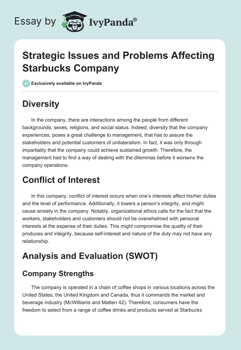 Strategic Issues and Problems Affecting Starbucks Company. Page 1
