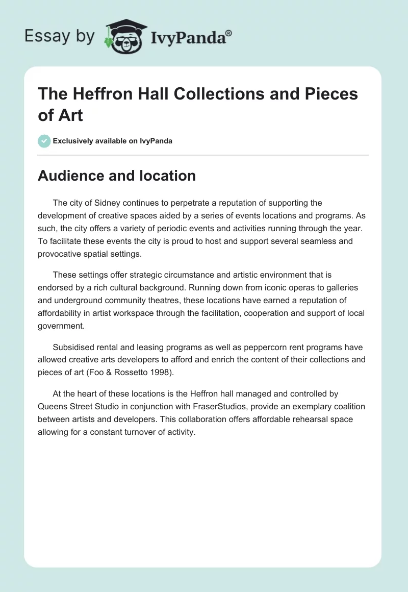 The Heffron Hall Collections and Pieces of Art. Page 1