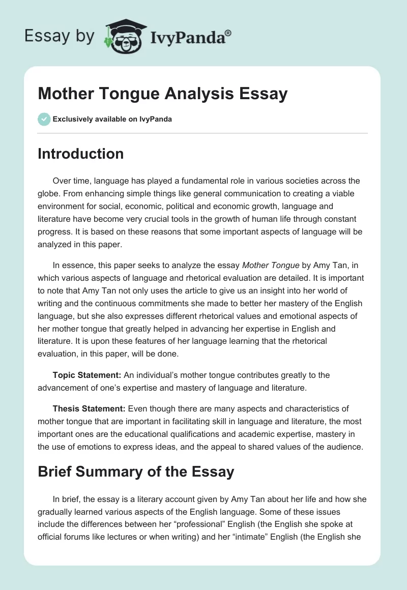 thesis statement of mother tongue by amy tan