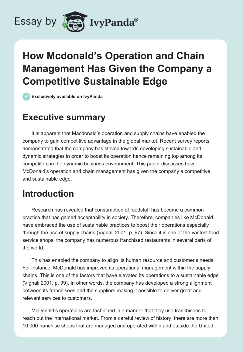 How Mcdonald’s Operation and Chain Management Has Given the Company a Competitive Sustainable Edge. Page 1