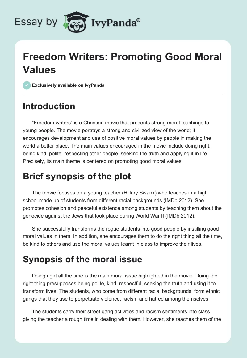 Freedom Writers: Promoting Good Moral Values. Page 1