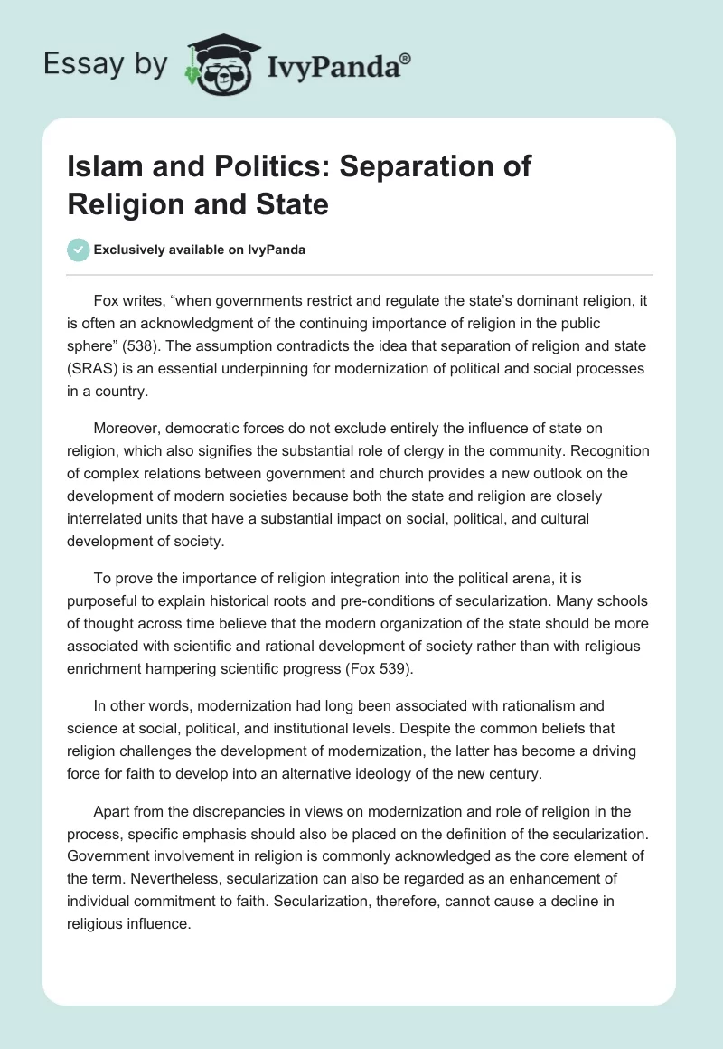 Islam and Politics: Separation of Religion and State. Page 1