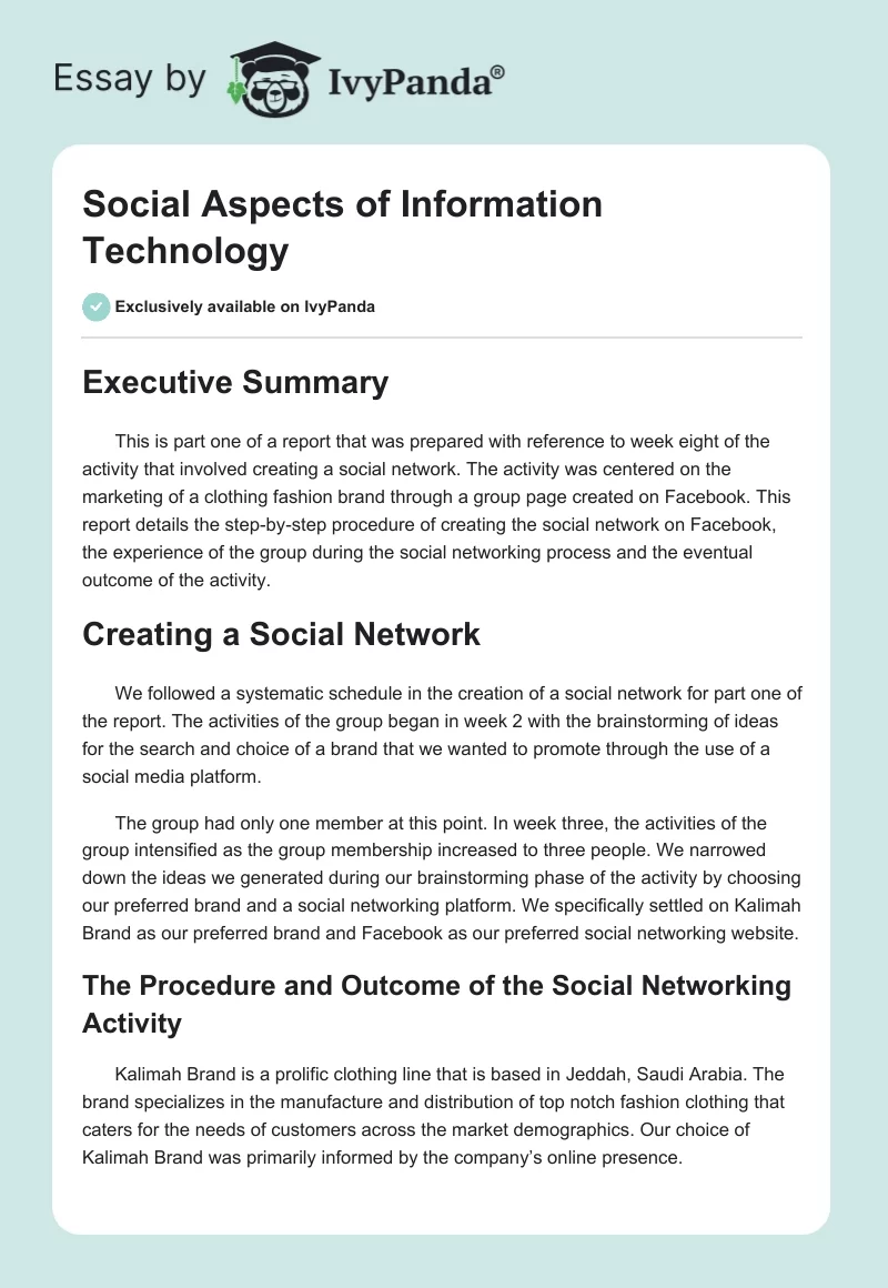 Social Aspects of Information Technology. Page 1