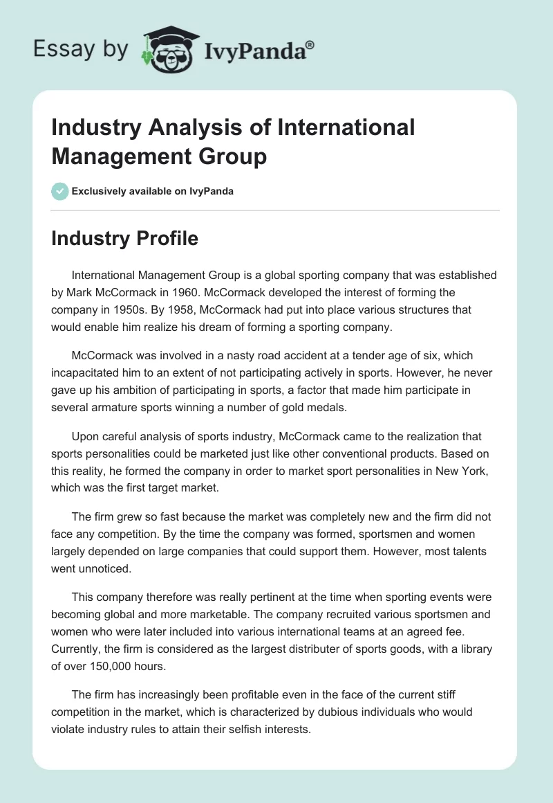 Industry Analysis of International Management Group. Page 1