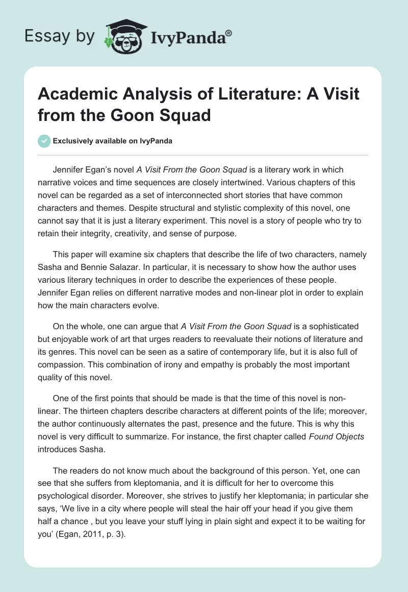 Academic Analysis of Literature: A Visit from the Goon Squad. Page 1