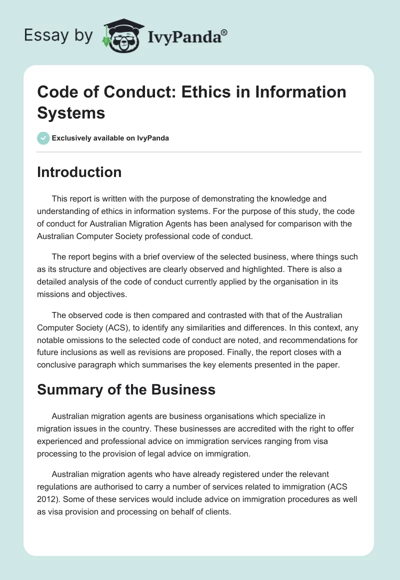 Code of Conduct: Ethics in Information Systems. Page 1