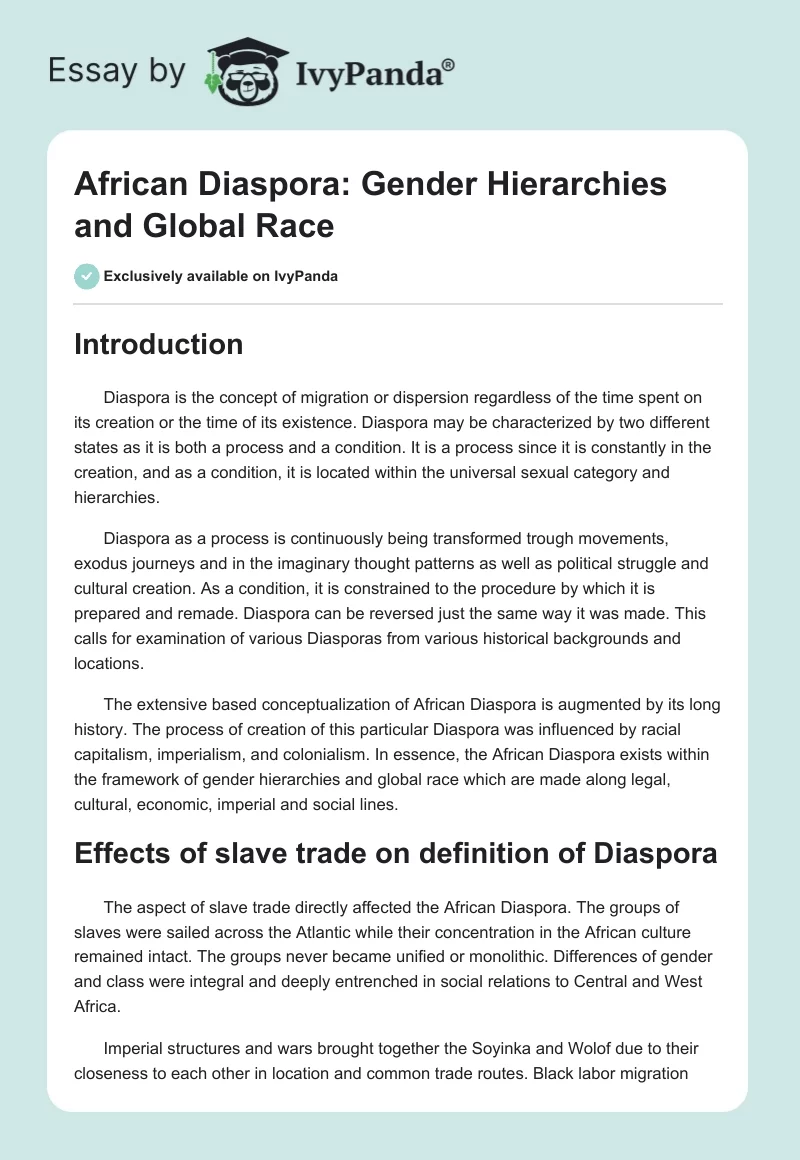 African Diaspora: Gender Hierarchies and Global Race. Page 1