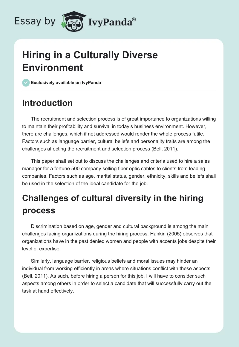 Hiring in a Culturally Diverse Environment. Page 1