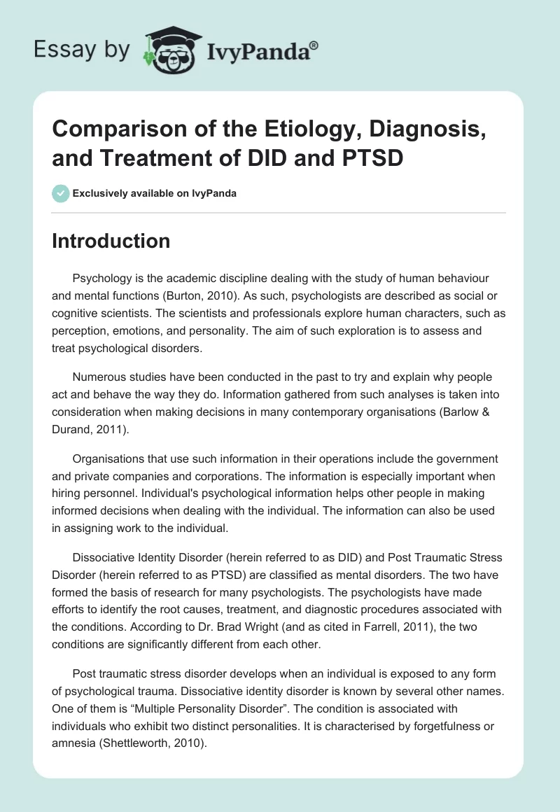 Comparison of the Etiology, Diagnosis, and Treatment of DID and PTSD. Page 1