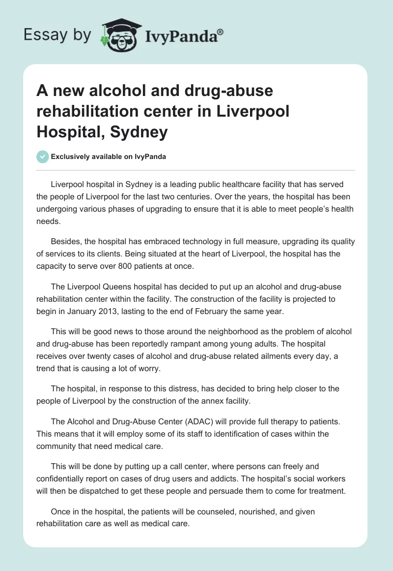 A New Alcohol and Drug-Abuse Rehabilitation Center in Liverpool Hospital, Sydney. Page 1