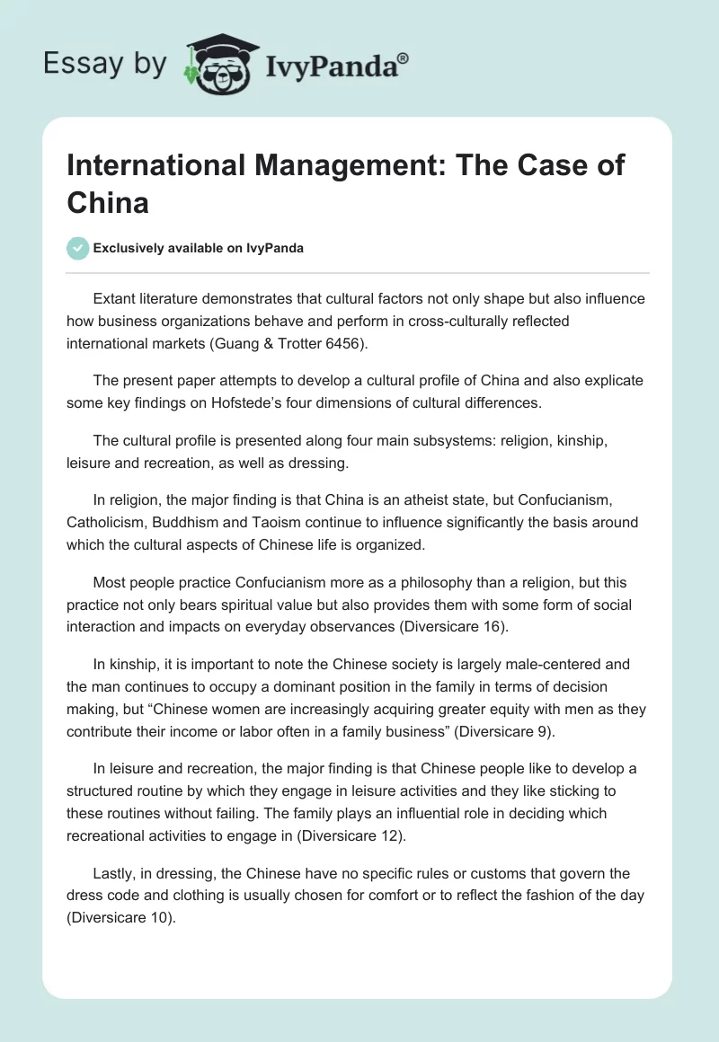 International Management: The Case of China. Page 1