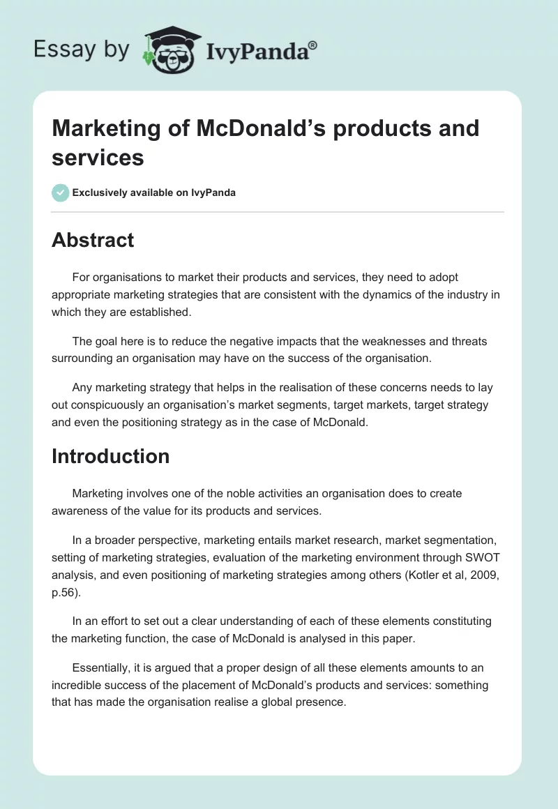 Marketing of McDonald’s Products and Services. Page 1