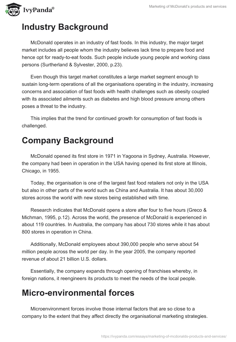 Marketing of McDonald’s Products and Services. Page 2
