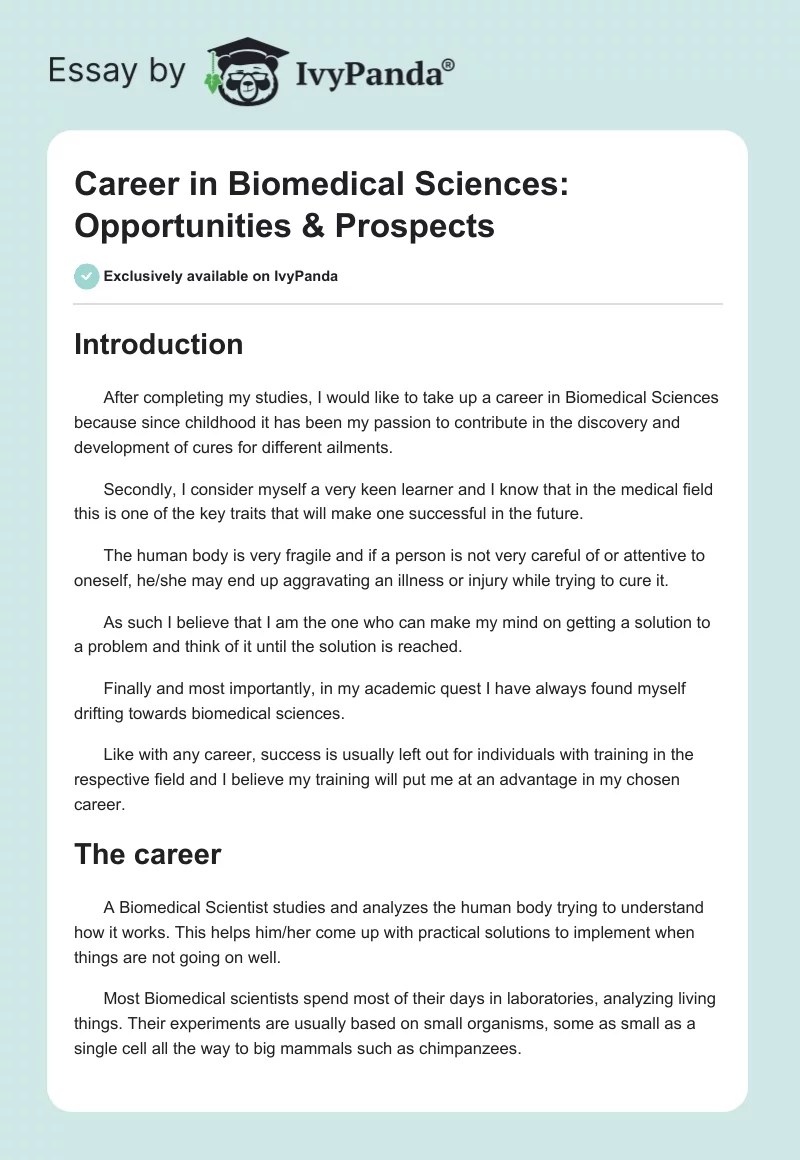 Career in Biomedical Sciences: Opportunities & Prospects. Page 1