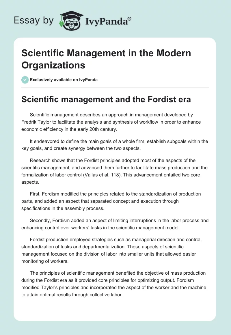 Scientific Management in the Modern Organizations. Page 1