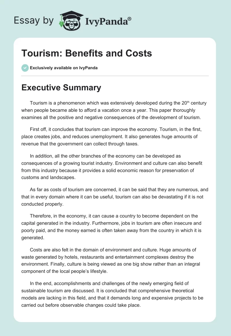 Tourism: Benefits and Costs. Page 1