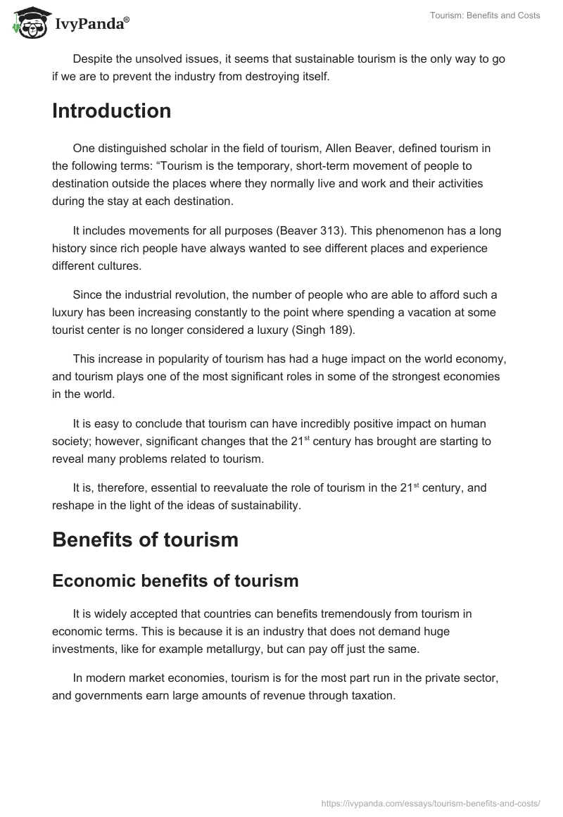 Tourism: Benefits and Costs. Page 2