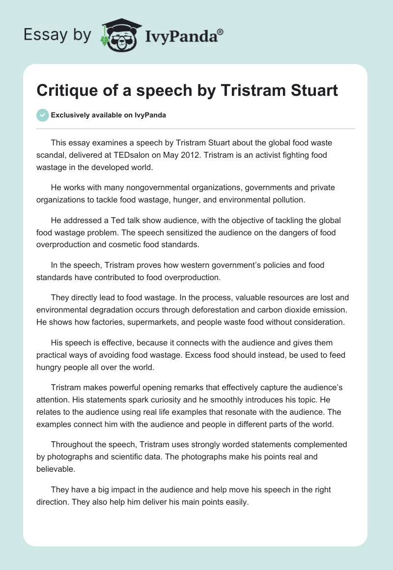Critique of a speech by Tristram Stuart. Page 1