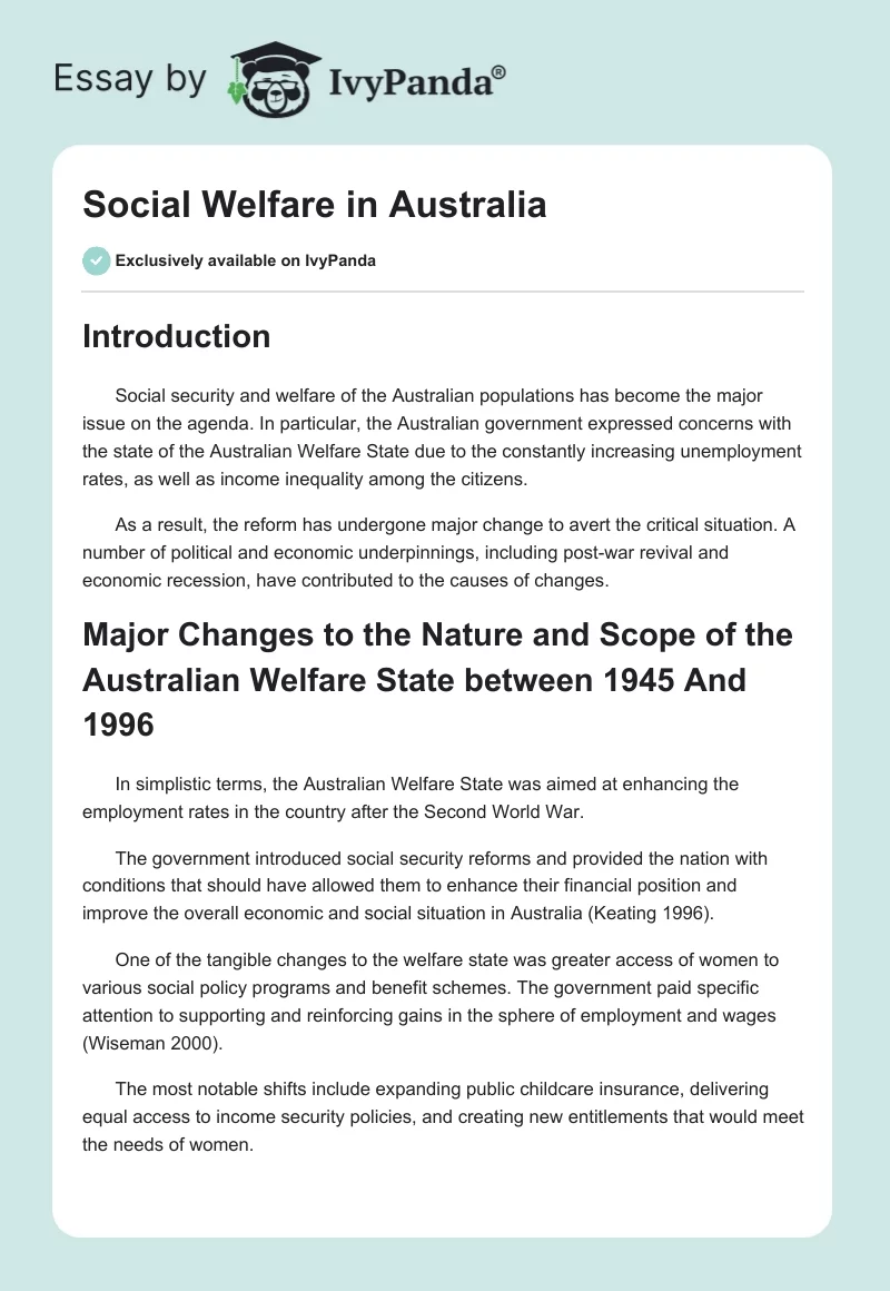 Social Welfare in Australia. Page 1