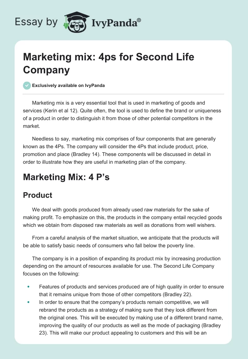Marketing mix: 4ps for Second Life Company. Page 1