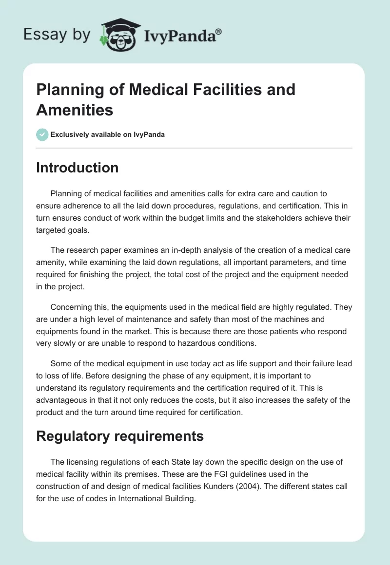 Planning of Medical Facilities and Amenities. Page 1
