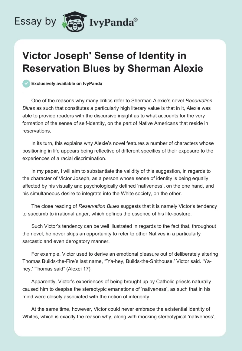Victor Joseph' Sense of Identity in "Reservation Blues" by Sherman Alexie. Page 1