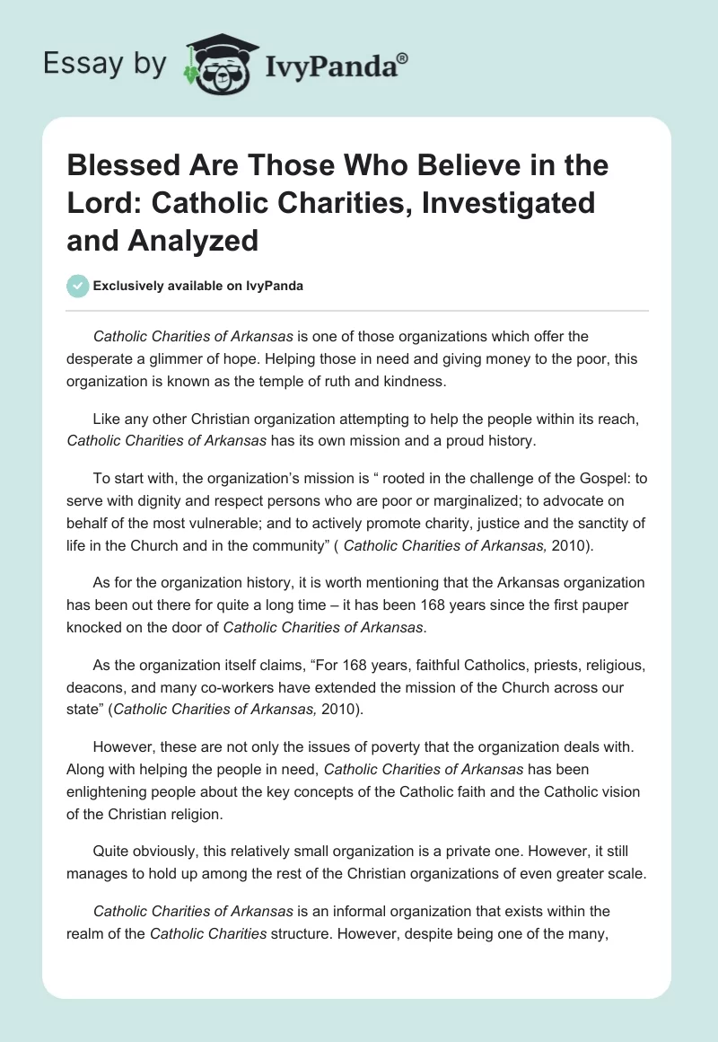 Blessed Are Those Who Believe in the Lord: Catholic Charities, Investigated and Analyzed. Page 1