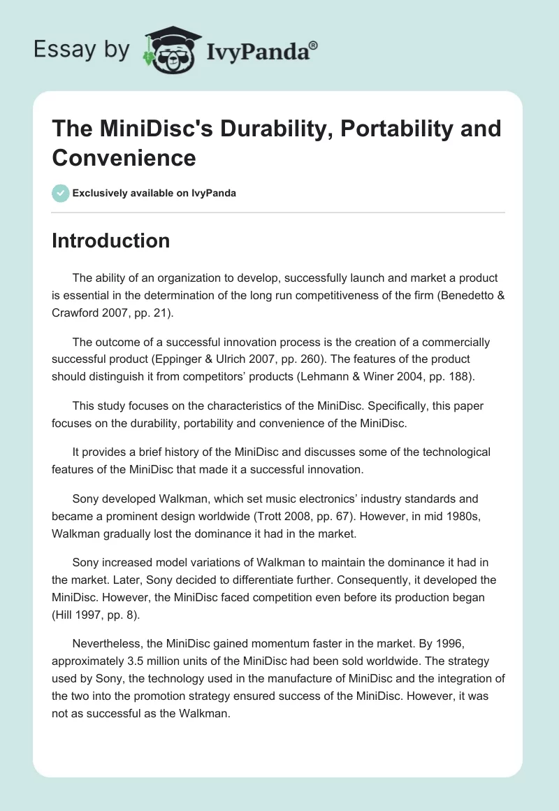 The MiniDisc's Durability, Portability and Convenience. Page 1