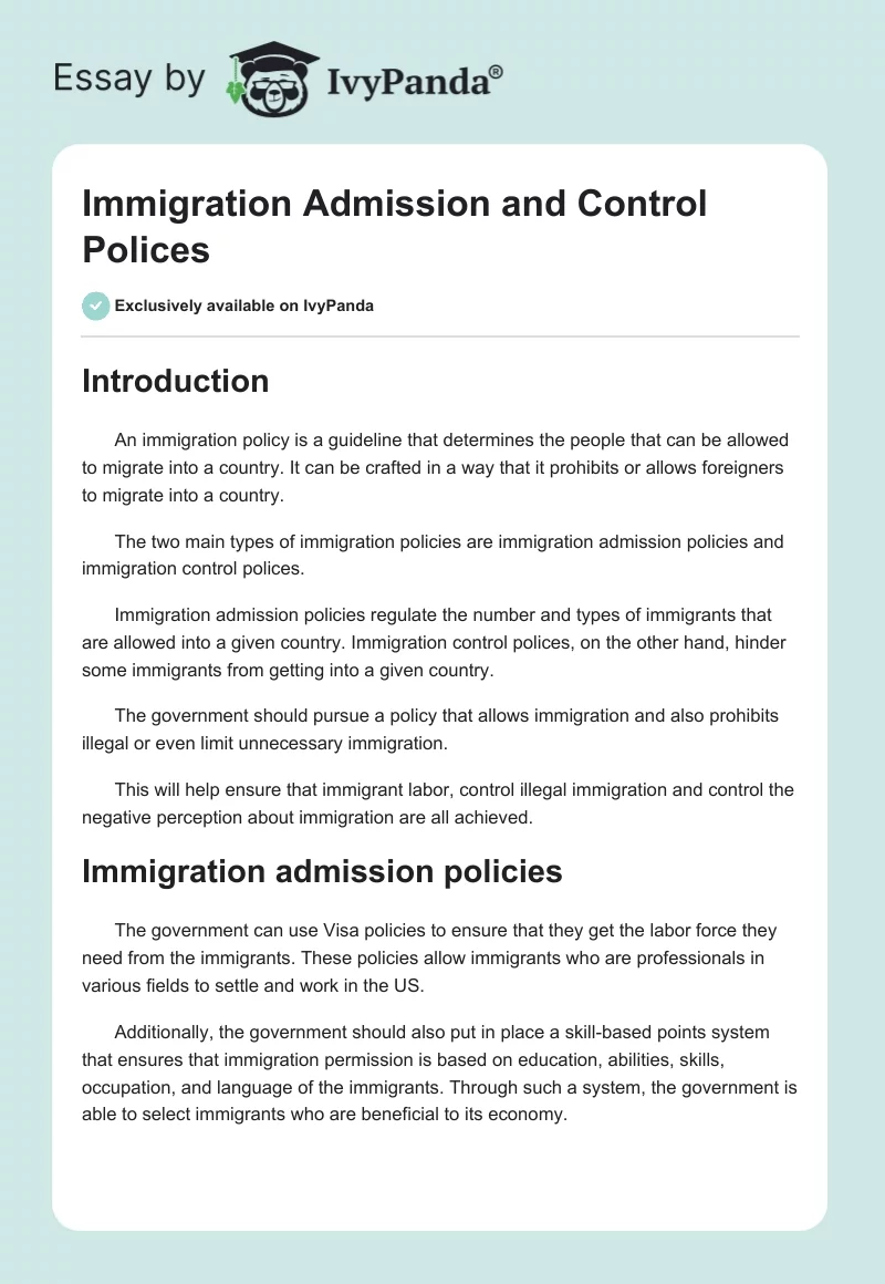 Immigration Admission and Control Polices. Page 1