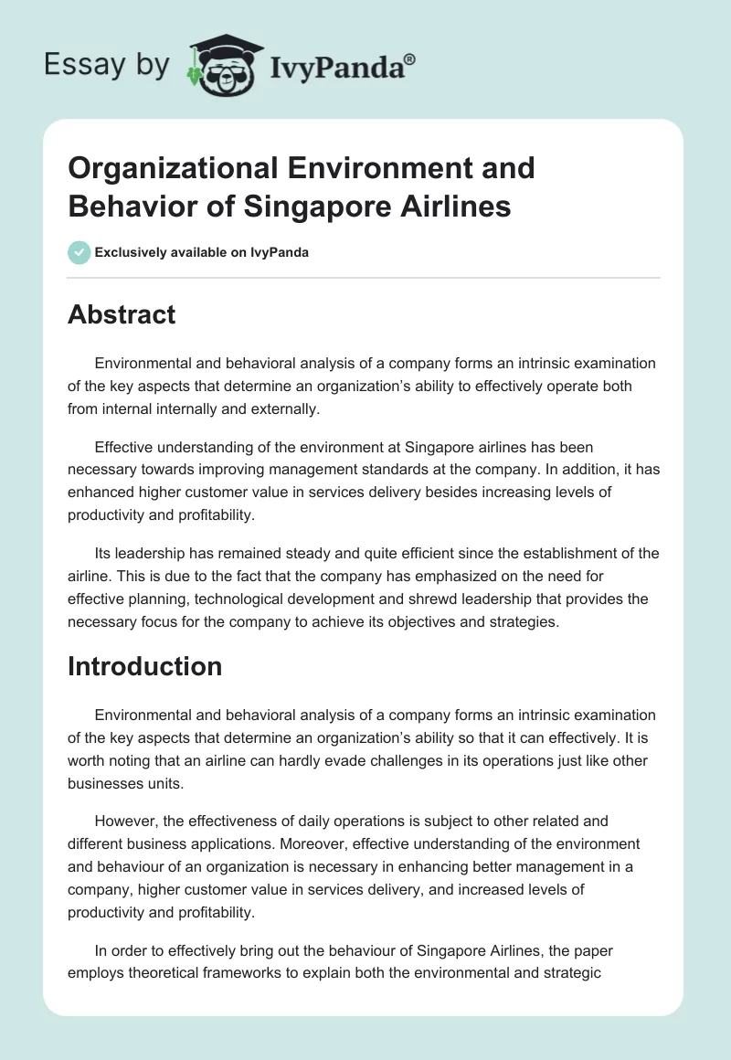 Organizational Environment and Behavior of Singapore Airlines. Page 1