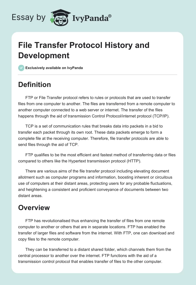 File Transfer Protocol History and Development. Page 1