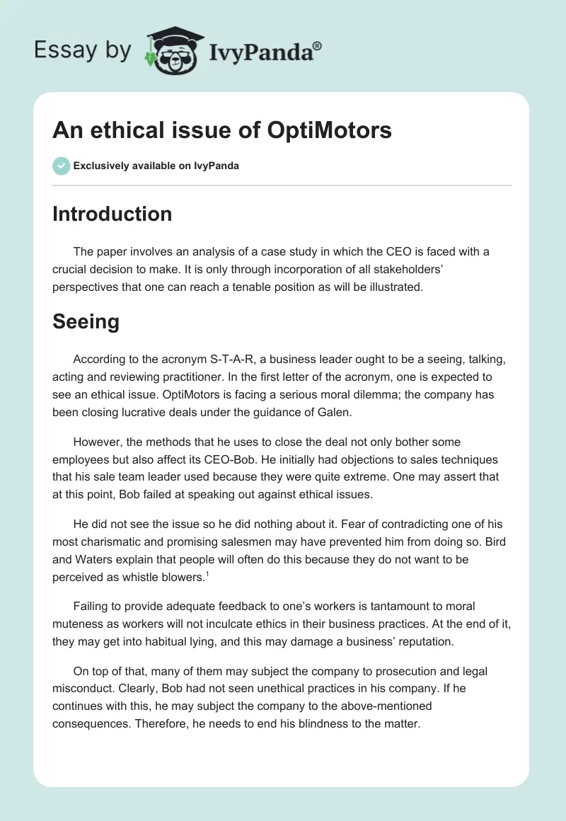 An ethical issue of OptiMotors. Page 1