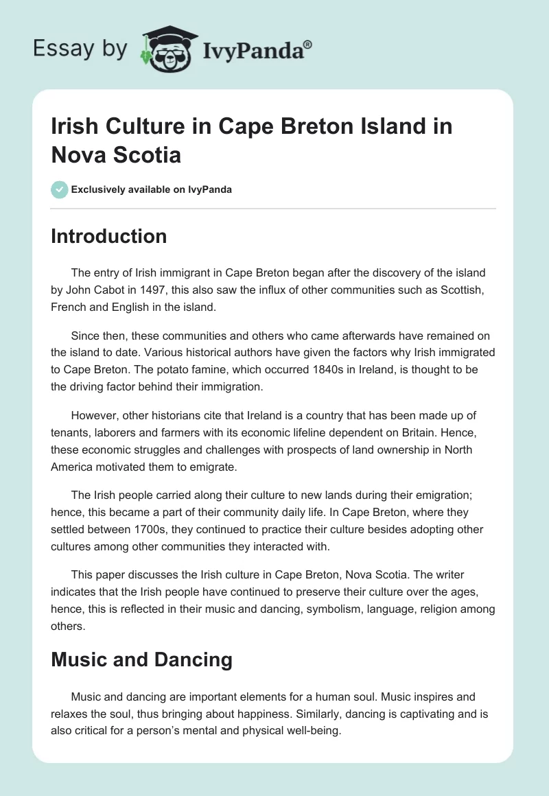 Irish Culture in Cape Breton Island in Nova Scotia. Page 1