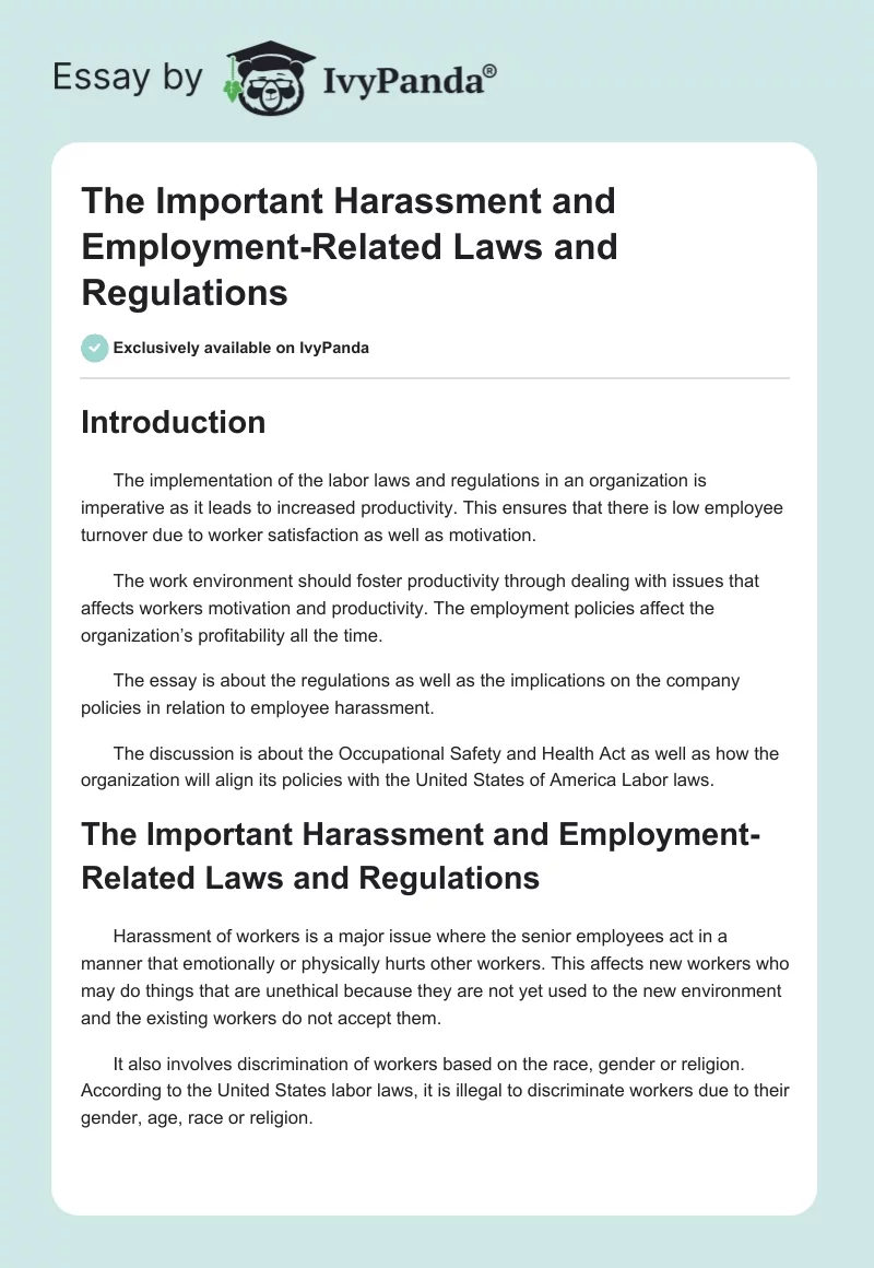 The Important Harassment and Employment-Related Laws and Regulations. Page 1