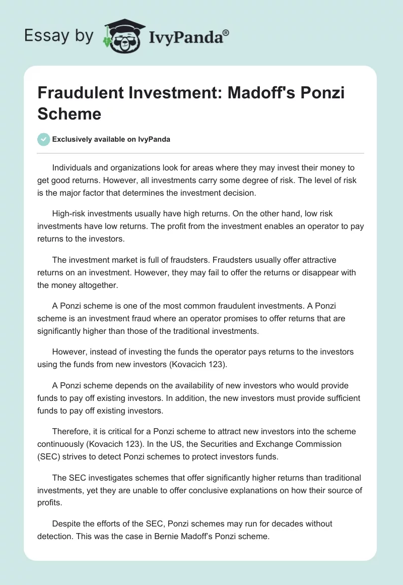 Fraudulent Investment: Madoff's Ponzi Scheme. Page 1