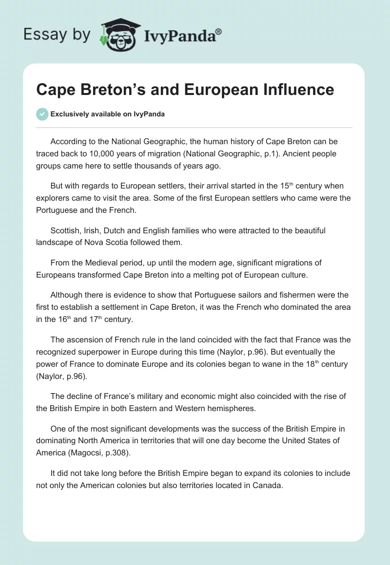 Cape Breton’s and European Influence. Page 1