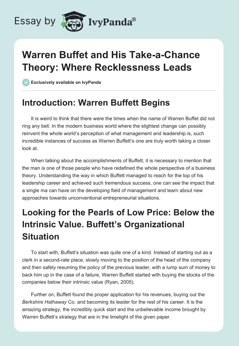 Warren Buffet and His Take-a-Chance Theory: Where Recklessness Leads. Page 1