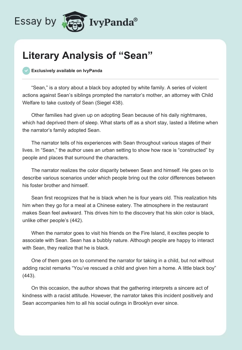 Literary Analysis of “Sean”. Page 1