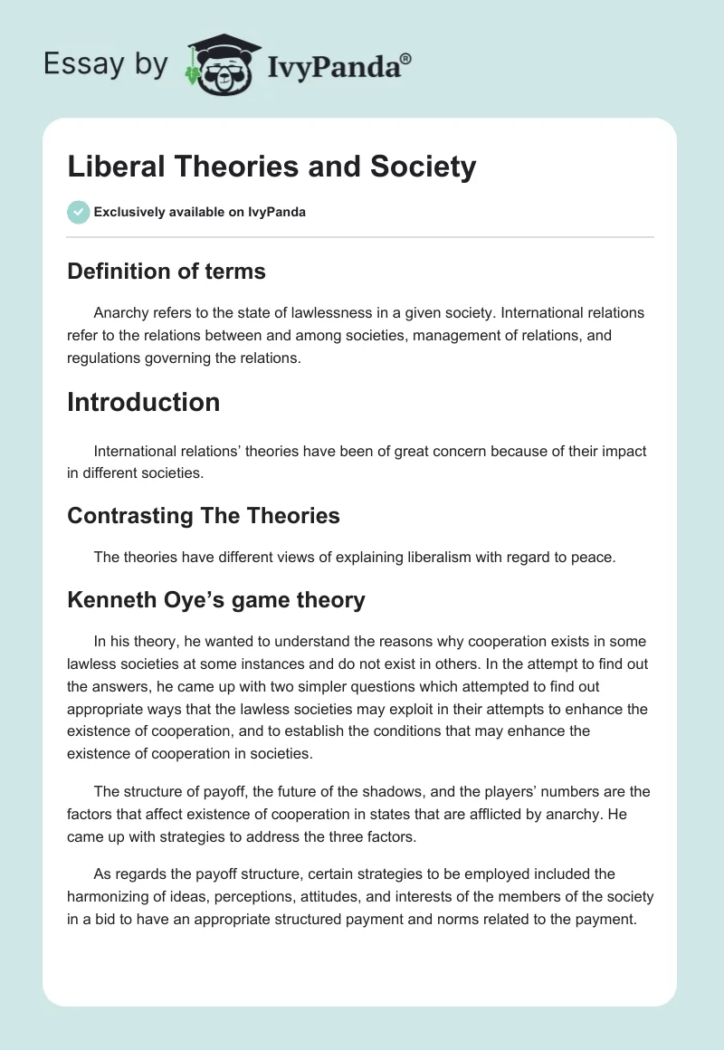 Liberal Theories and Society. Page 1