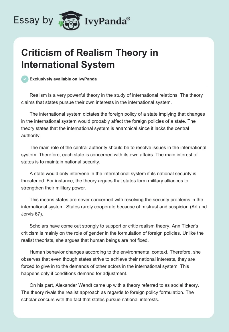 Criticism of Realism Theory in International System. Page 1