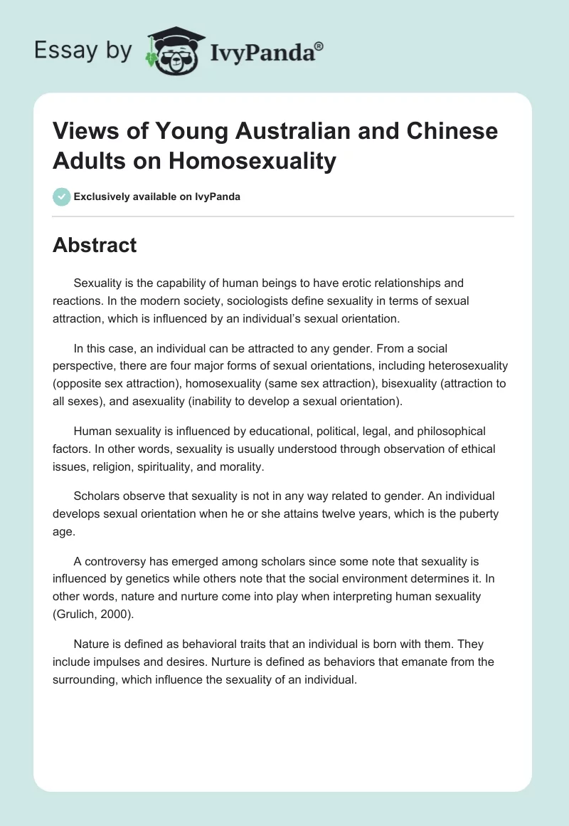 Views of Young Australian and Chinese Adults on Homosexuality. Page 1