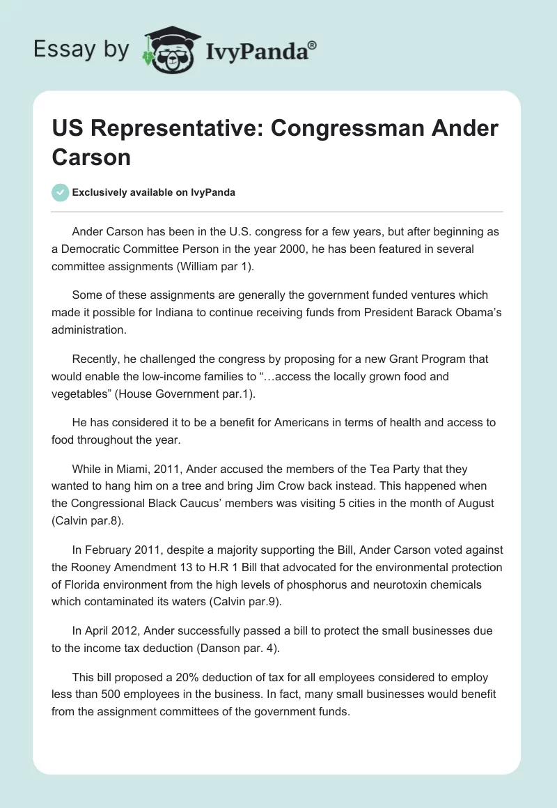 US Representative: Congressman Ander Carson. Page 1