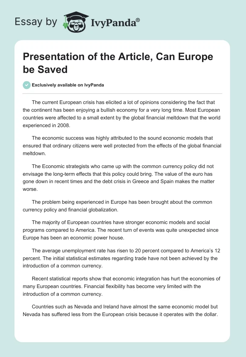 Presentation of the Article, Can Europe be Saved. Page 1