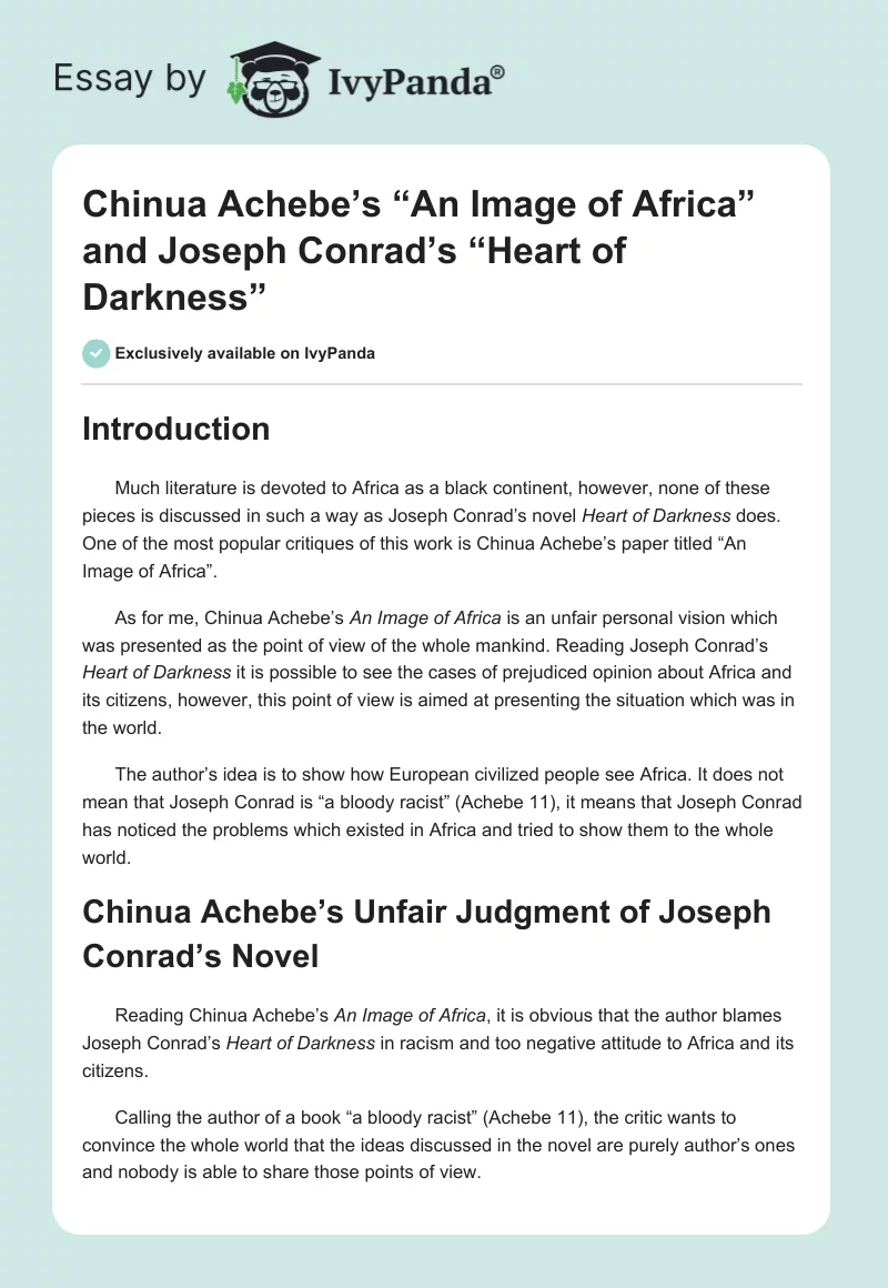 Chinua Achebe’s “An Image of Africa” and Joseph Conrad’s “Heart of Darkness”. Page 1