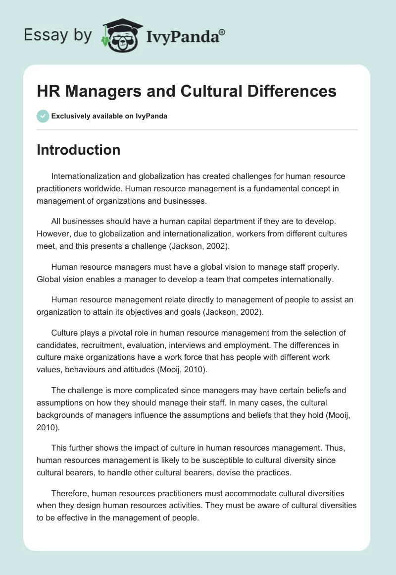 HR Managers and Cultural Differences. Page 1